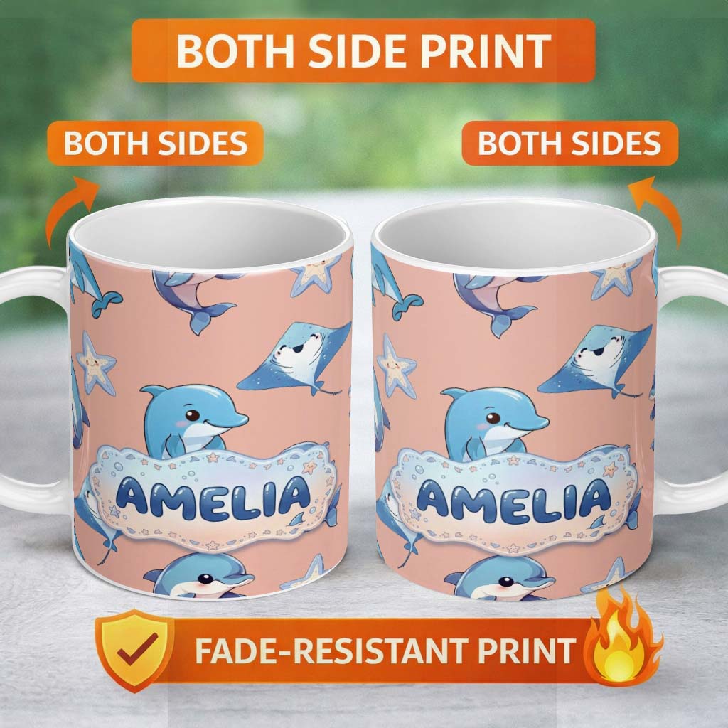 Personalized Custom Name Cute Dolphin Stingray Starfish Cartoon Sea Life Pattern Beige Lovely 11oz Ceramic Coffee Tea Mug White Large Handle