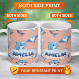 Personalized Custom Name Cute Dolphin Stingray Starfish Cartoon Sea Life Pattern Beige Lovely 11oz Ceramic Coffee Tea Mug White Large Handle