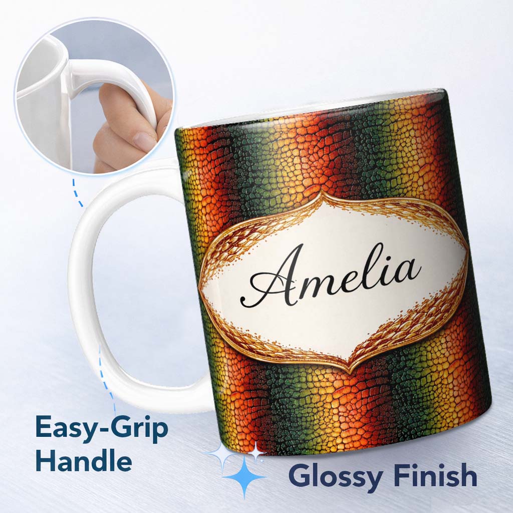 Personalized Custom Name Multicolour Crocodile Texture Pattern Vibrant Abstract Design Lovely 11oz Ceramic Coffee Tea Mug White Large Handle