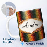 Personalized Custom Name Multicolour Crocodile Texture Pattern Vibrant Abstract Design Lovely 11oz Ceramic Coffee Tea Mug White Large Handle