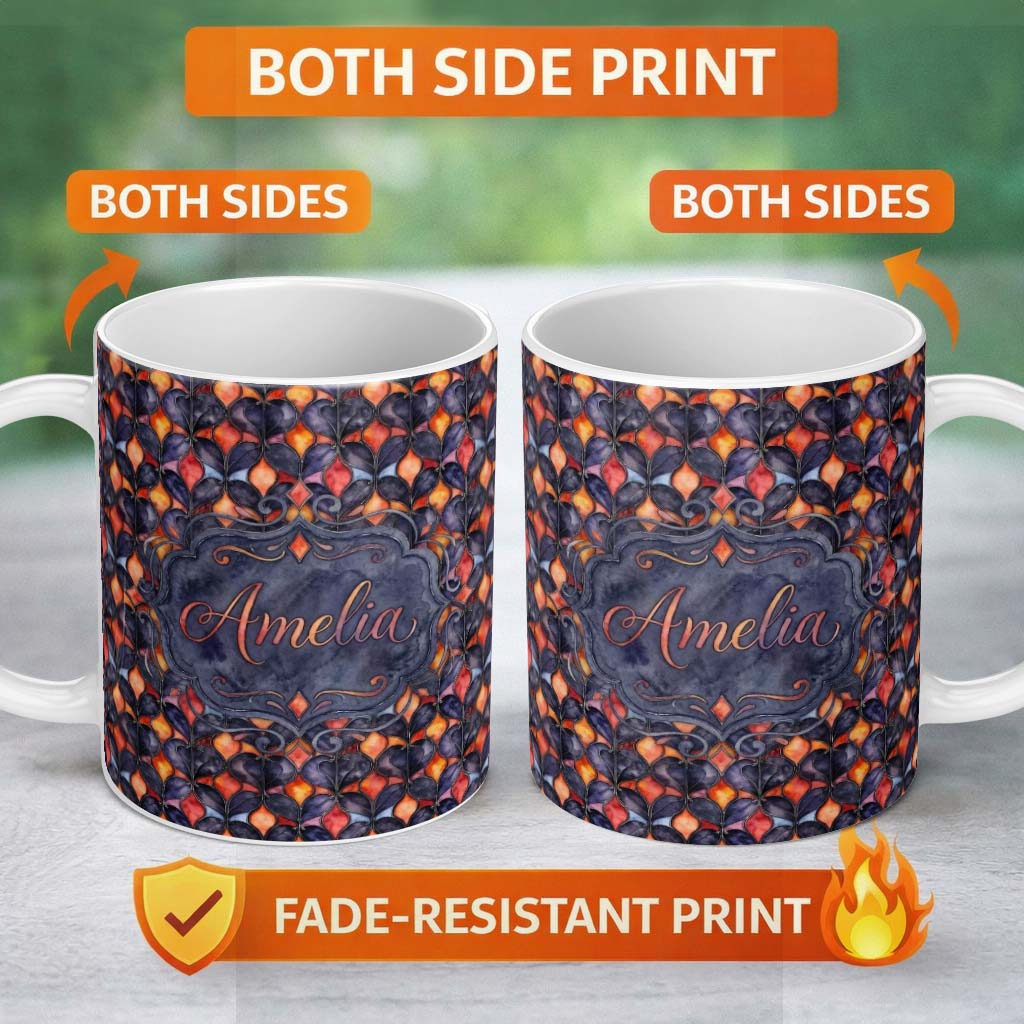 Personalized Custom Name Warm Abstract Floral Tile Pattern in Orange and Navy Seamless Lovely 11oz Ceramic Coffee Tea Mug White Large Handle
