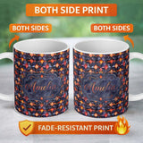 Personalized Custom Name Warm Abstract Floral Tile Pattern in Orange and Navy Seamless Lovely 11oz Ceramic Coffee Tea Mug White Large Handle