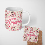Personalized Custom Name Romantic Couple Kissing Floral Bouquet Hearts Seamless Pattern Beige 11oz Ceramic Coffee Tea Mug White Large Handle