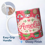 Personalized Custom Name Cute Kawaii Plants Rainbow Sun Flowers Seamless Pattern Red Lovely 11oz Ceramic Coffee Tea Mug White Large Handle