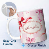 Personalized Custom Name Watercolor Red and Pink Ribbon Bow Pink Gingham Check Background 11oz Ceramic Coffee Tea Mug White Large Handle