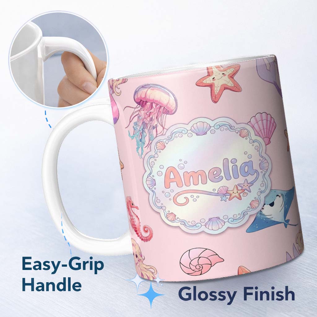 Personalized Custom Name Mermaid Ocean Friends Jellyfish Starfish Blush Pink Background 11oz Ceramic Coffee Tea Mug White Large Handle