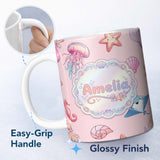 Personalized Custom Name Mermaid Ocean Friends Jellyfish Starfish Blush Pink Background 11oz Ceramic Coffee Tea Mug White Large Handle
