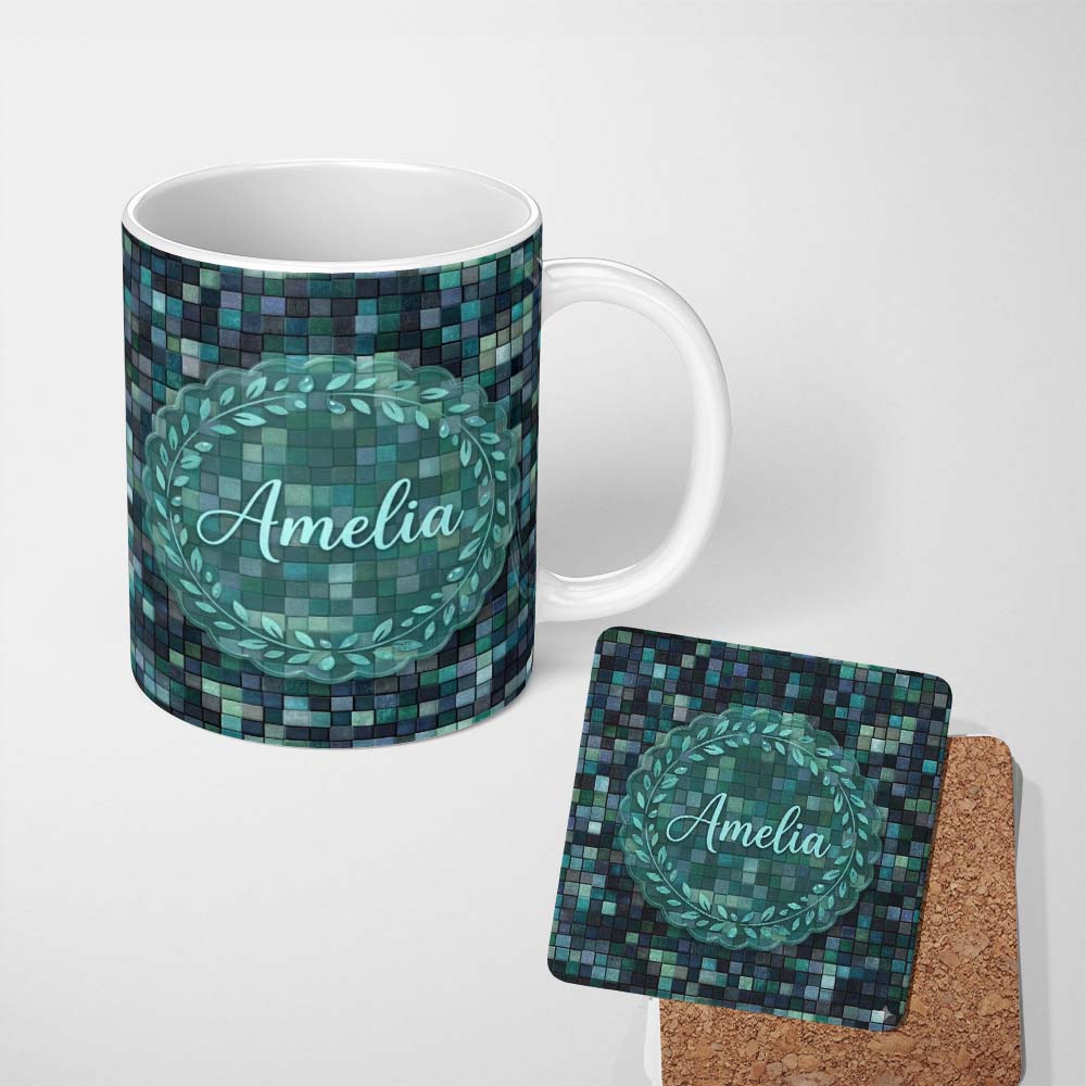 Personalized Custom Name Blue Green Square Tile Mosaic Texture Seamless Pattern Lovely 11oz Ceramic Coffee Tea Mug White Large Handle