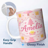 Personalized Custom Name Cute Pink Christmas Tree Gift Box Heart Seamless Pattern Lovely 11oz Ceramic Coffee Tea Mug White Large Handle