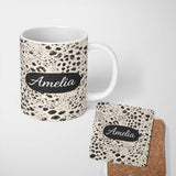 Personalized Custom Name Leopard Animal Print Black Cream Classic Safari Pattern Lovely 11oz Ceramic Coffee Tea Mug White Large Handle