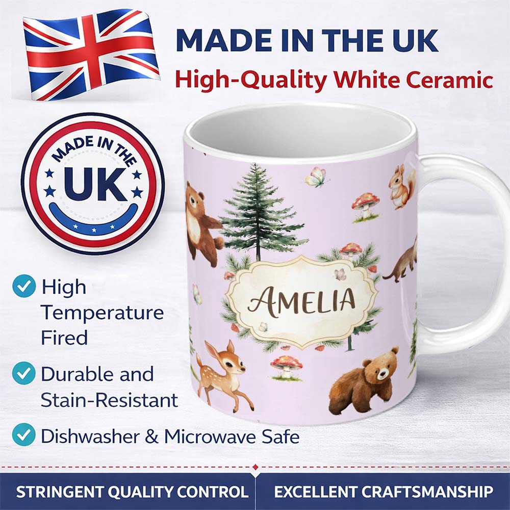 Personalized Custom Name Bear Bunny Deer Squirrel Trees Mushrooms Butterfly Soft Lilac 11oz Ceramic Coffee Tea Mug White Large Handle