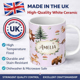 Personalized Custom Name Bear Bunny Deer Squirrel Trees Mushrooms Butterfly Soft Lilac 11oz Ceramic Coffee Tea Mug White Large Handle