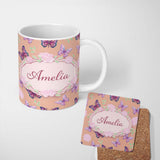 Personalized Custom Name Pink Purple Butterfly Floral Peach Background Seamless Pattern 11oz Ceramic Coffee Tea Mug White Large Handle