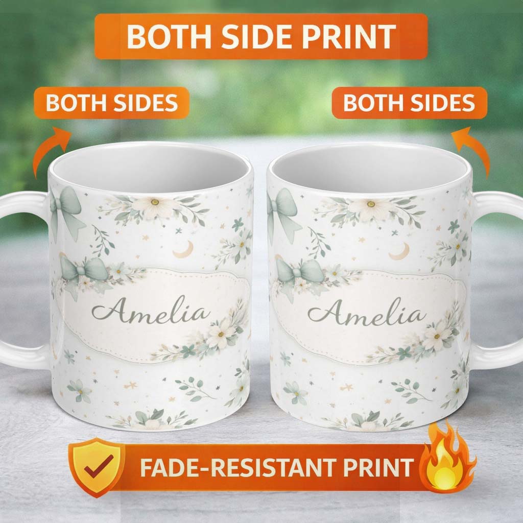 Personalized Custom Name Teal Bow Floral Seamless Pattern Perfect Gift for Her Lovely 11oz Ceramic Coffee Tea Mug White Large Handle