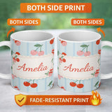 Personalized Custom Name Cherry Fruit Vertical Stripe Blue Background Seamless Pattern Lovely 11oz Ceramic Coffee Tea Mug White Large Handle
