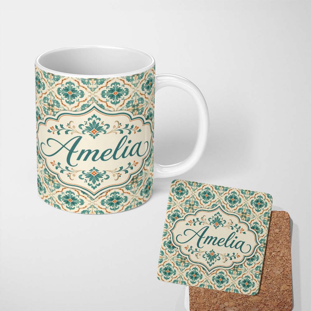 Personalized Custom Name Teal and Cream Ornamental Floral Tile Pattern with Subtle Orange 11oz Ceramic Coffee Tea Mug White Large Handle