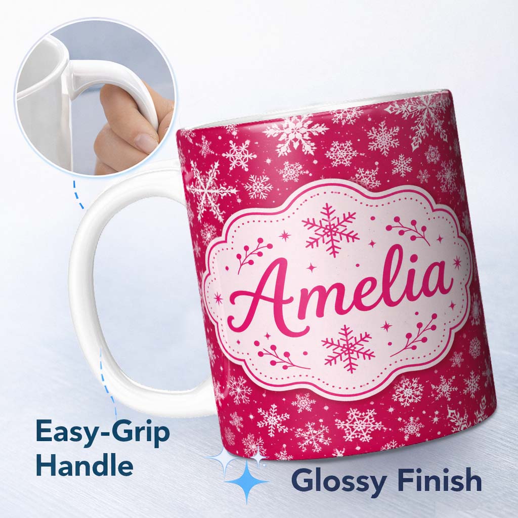 Personalized Custom Name Elegant White Snowflake Red Background Winter Seamless Pattern 11oz Ceramic Coffee Tea Mug White Large Handle