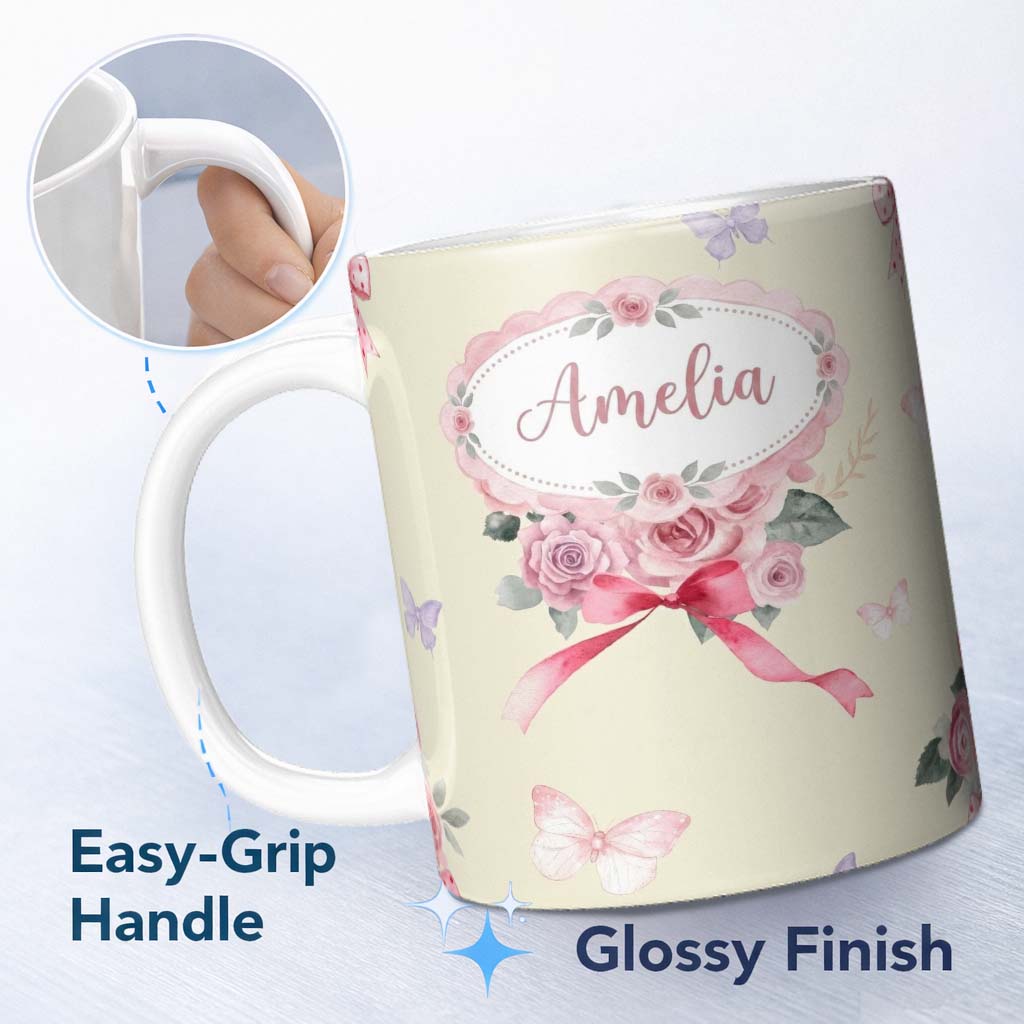 Personalized Custom Name Cute Watercolor Roses Bouquet with Red Ribbon Soft Olive Background 11oz Ceramic Coffee Tea Mug White Large Handle