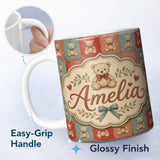 Personalized Custom Name Vintage Teddy Bears Patchwork Style Red and Blue Seamless Pattern 11oz Ceramic Coffee Tea Mug White Large Handle