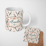 Personalized Custom Name Soft Watercolor Woodpecker Birds with Berry Branch Seamless Pattern 11oz Ceramic Coffee Tea Mug White Large Handle