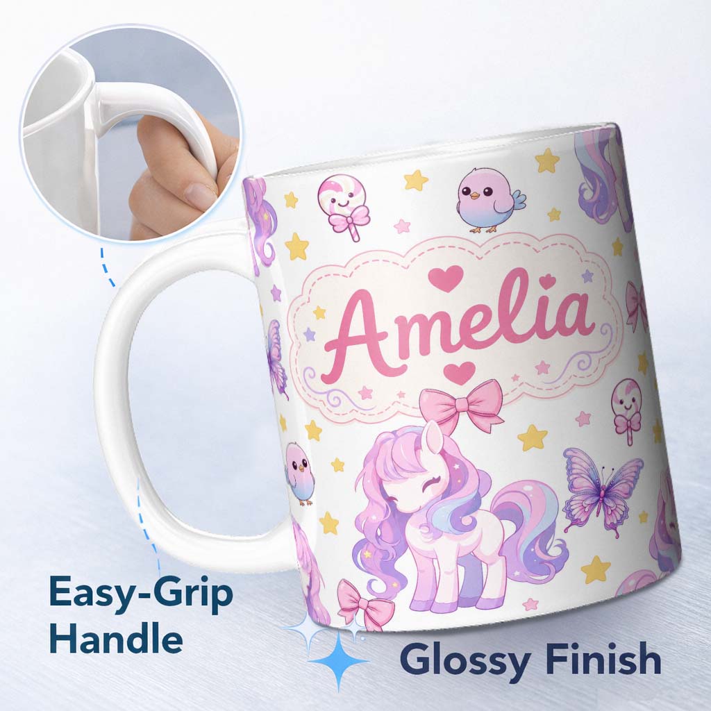 Personalized Custom Name Cute Pastel Unicorn Butterfly Candy Stars Light Grey Background 11oz Ceramic Coffee Tea Mug White Large Handle