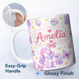 Personalized Custom Name Cute Pastel Unicorn Butterfly Candy Stars Light Grey Background 11oz Ceramic Coffee Tea Mug White Large Handle