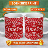 Personalized Custom Name Cute Red Knitted Heart Nordic Simple Festive Seamless Pattern Lovely 11oz Ceramic Coffee Tea Mug White Large Handle