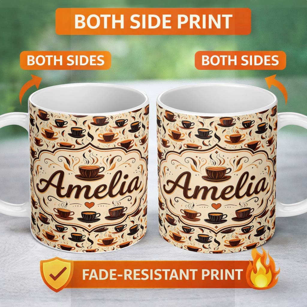 Personalized Custom Name Stylized Coffee Cups with Swirling Steam Seamless Pattern Lovely 11oz Ceramic Coffee Tea Mug White Large Handle