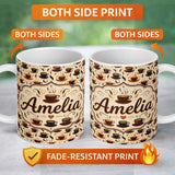 Personalized Custom Name Stylized Coffee Cups with Swirling Steam Seamless Pattern Lovely 11oz Ceramic Coffee Tea Mug White Large Handle