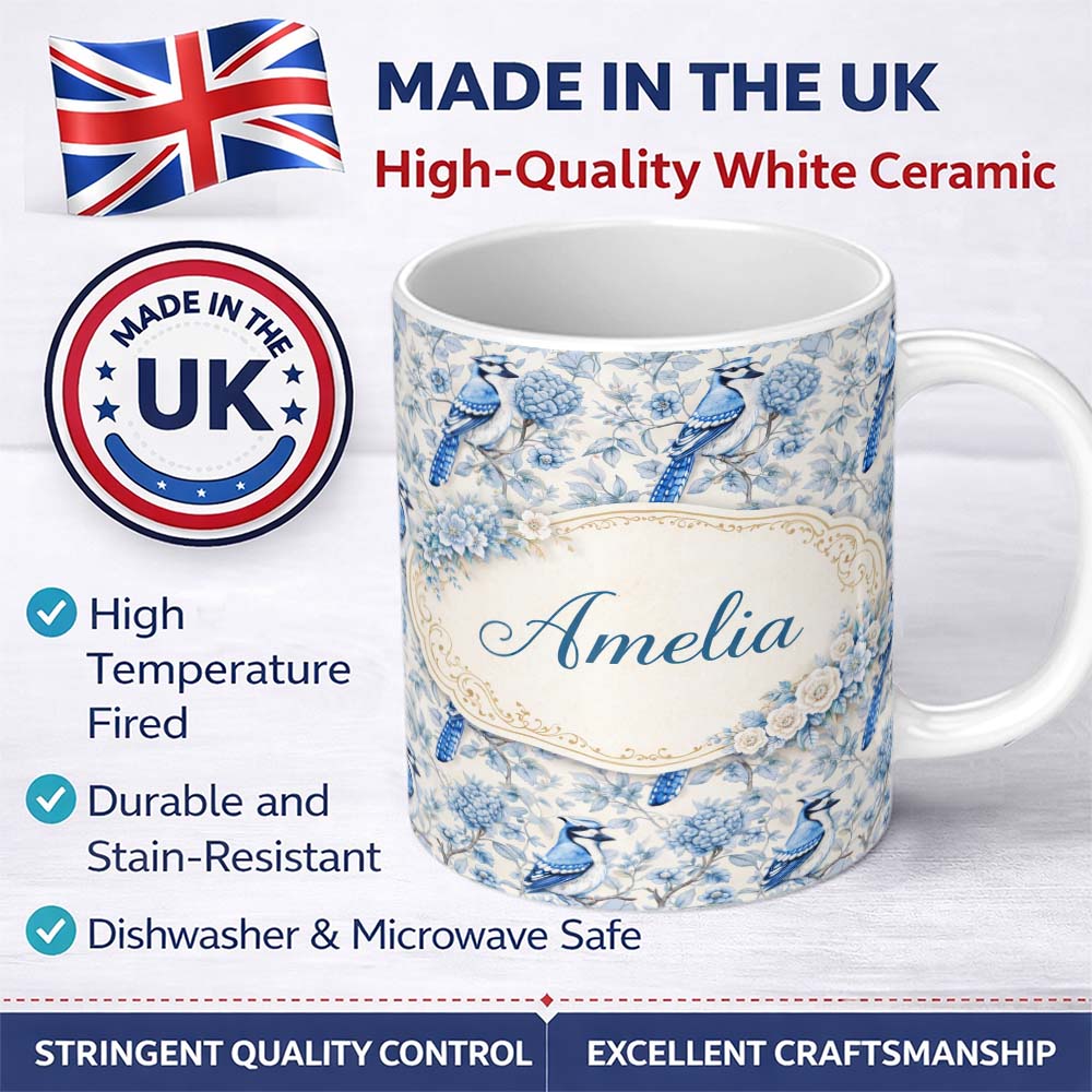 Personalized Custom Name Blue Jay Bird Floral Garden Detailed Botanical Illustration Design 11oz Ceramic Coffee Tea Mug White Large Handle