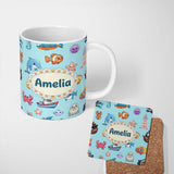 Personalized Custom Name Cartoon Sea Animals Diver Dolphin Shark Boat Lighthouse Light Blue 11oz Ceramic Coffee Tea Mug White Large Handle
