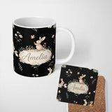 Personalized Custom Name Bunny Rabbits Flowers Butterflies Meadow Soft White Seamless 11oz Ceramic Coffee Tea Mug White Large Handle