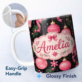 Personalized Custom Name Elegant Red Baubles Ribbon Holly Black Seamless Pattern Lovely 11oz Ceramic Coffee Tea Mug White Large Handle