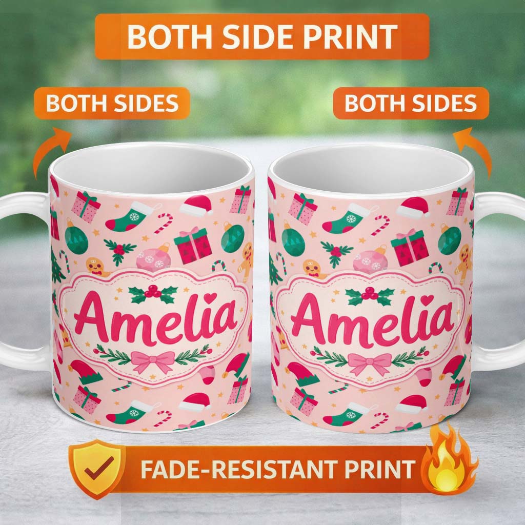 Personalized Custom Name Cute Gingerbread Candy Cane Christmas Tree Seamless Pattern Lovely 11oz Ceramic Coffee Tea Mug White Large Handle