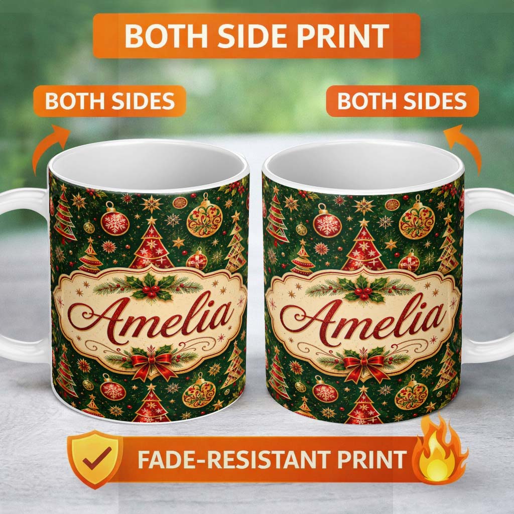 Personalized Custom Name Christmas Trees Baubles Stars Seamless Pattern Festive Holiday 11oz Ceramic Coffee Tea Mug White Large Handle