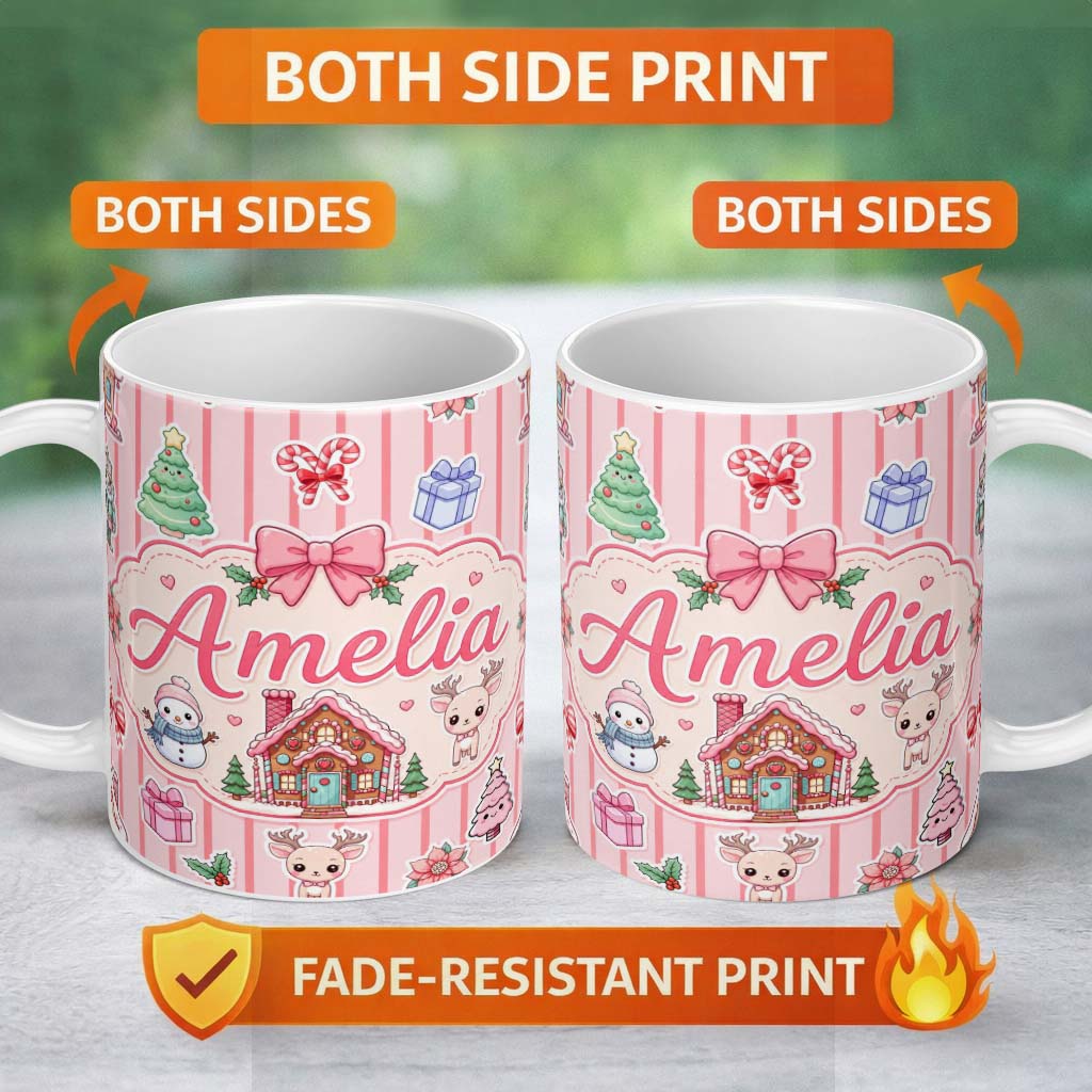 Personalized Custom Name Christmas Festive Stickers Gingerbread House Tree Soft Pink Stripe 11oz Ceramic Coffee Tea Mug White Large Handle