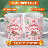 Personalized Custom Name Christmas Festive Stickers Gingerbread House Tree Soft Pink Stripe 11oz Ceramic Coffee Tea Mug White Large Handle