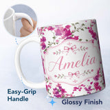 Personalized Custom Name Vibrant Pink Bougainvillea Floral Vine Elegant Seamless Pattern 11oz Ceramic Coffee Tea Mug White Large Handle