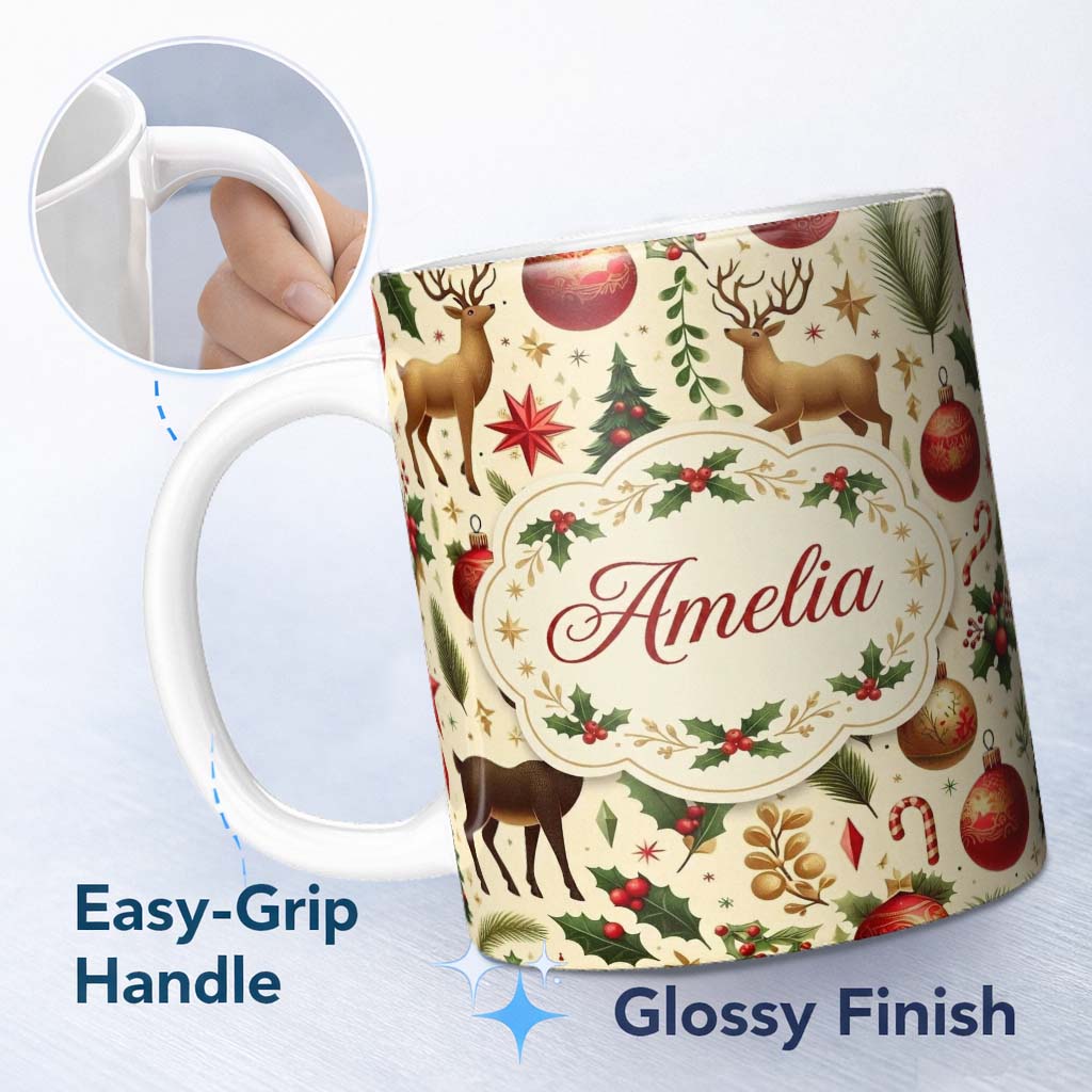 Personalized Custom Name Elegant Christmas Reindeer Ornaments Stars Holly Leaves and Festive 11oz Ceramic Coffee Tea Mug White Large Handle