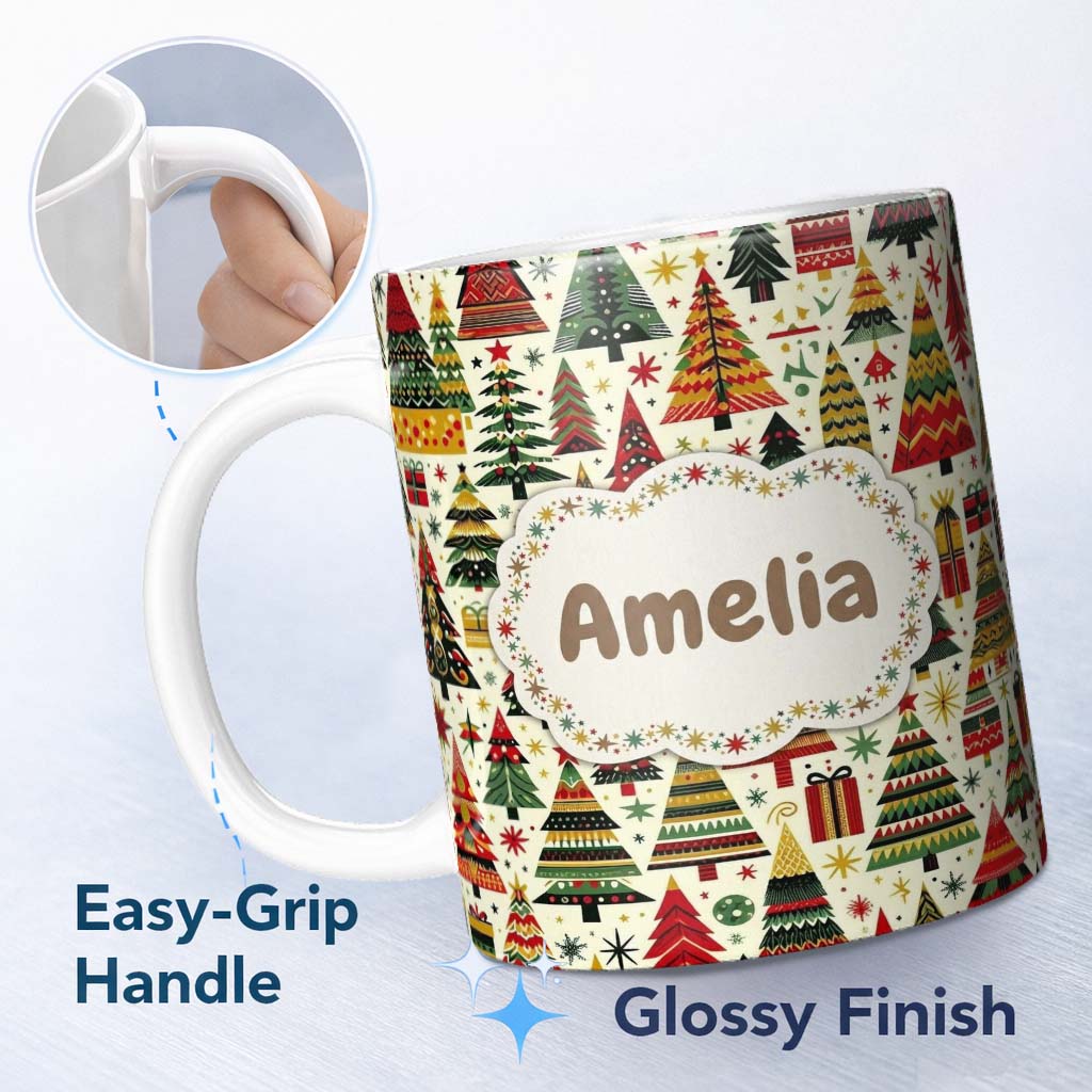 Personalized Custom Name Vibrant Nordic Christmas Trees Gifts Stars Festive Holiday Seamless 11oz Ceramic Coffee Tea Mug White Large Handle