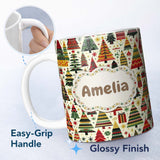 Personalized Custom Name Vibrant Nordic Christmas Trees Gifts Stars Festive Holiday Seamless 11oz Ceramic Coffee Tea Mug White Large Handle
