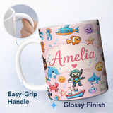 Personalized Custom Name Cartoon Ocean with various sea CreaturesSea Creatures on Blush Pink 11oz Ceramic Coffee Tea Mug White Large Handle
