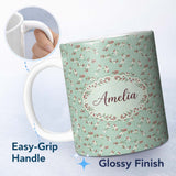 Personalized Custom Name Light Blue Floral and Berry Branch Pattern with Soft Dots Seamless 11oz Ceramic Coffee Tea Mug White Large Handle