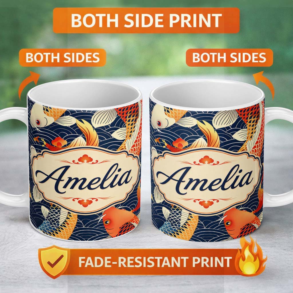 Personalized Custom Name Decorative Koi Fish with Geometric Wave Background Pattern Asian 11oz Ceramic Coffee Tea Mug White Large Handle
