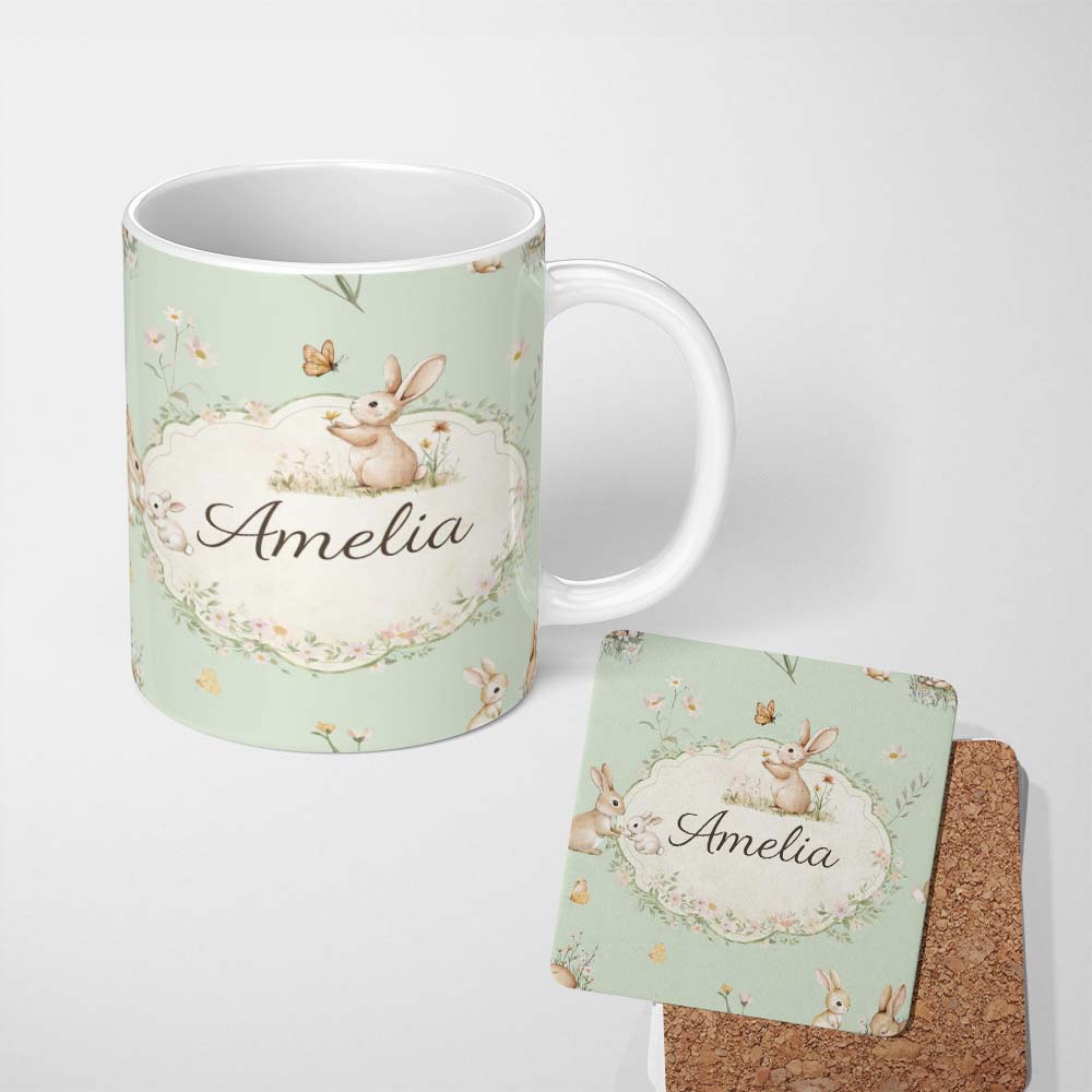 Personalized Custom Name Watercolor Bunny Floral Meadow Pastel Green Seamless Pattern Lovely 11oz Ceramic Coffee Tea Mug White Large Handle