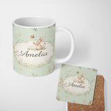 Personalized Custom Name Watercolor Bunny Floral Meadow Pastel Green Seamless Pattern Lovely 11oz Ceramic Coffee Tea Mug White Large Handle