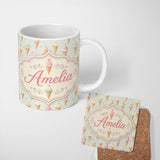Personalized Custom Name Pastel Ice Cream Cones with Sprinkles Seamless Cute Dessert Pattern 11oz Ceramic Coffee Tea Mug White Large Handle