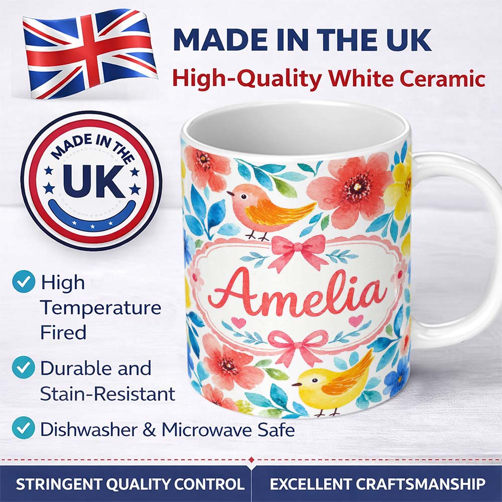 Personalized Custom Name Watercolor Bird Floral Botanical Seamless Pattern Cute Unique Gift 11oz Ceramic Coffee Tea Mug White Large Handle