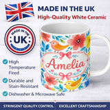 Personalized Custom Name Watercolor Bird Floral Botanical Seamless Pattern Cute Unique Gift 11oz Ceramic Coffee Tea Mug White Large Handle