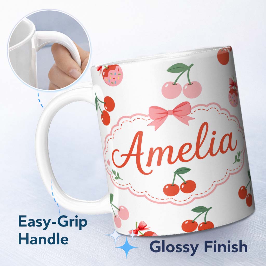 Personalized Custom Name Cute Cherry Fruit with Bow and Sprinkles Seamless Pattern Light Grey 11oz Ceramic Coffee Tea Mug White Large Handle